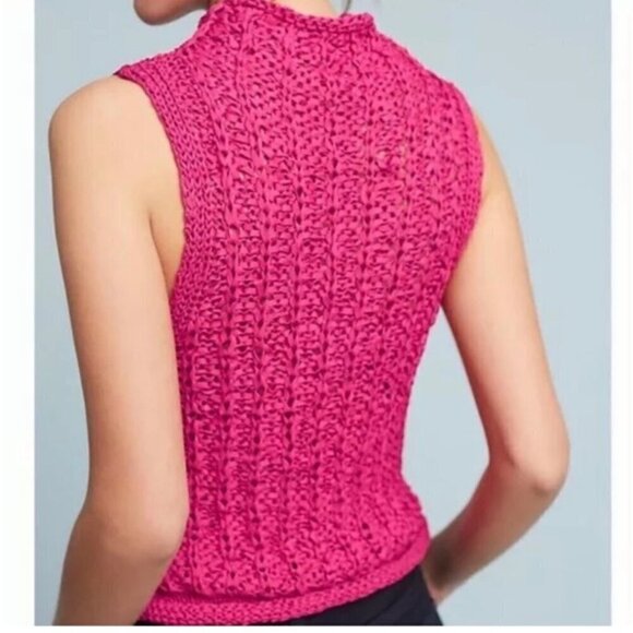 NWT Moth Anthropologie Sleeveless Ribbon Crochet Curled Trim Blouse Top Pink MP - Picture 2 of 9